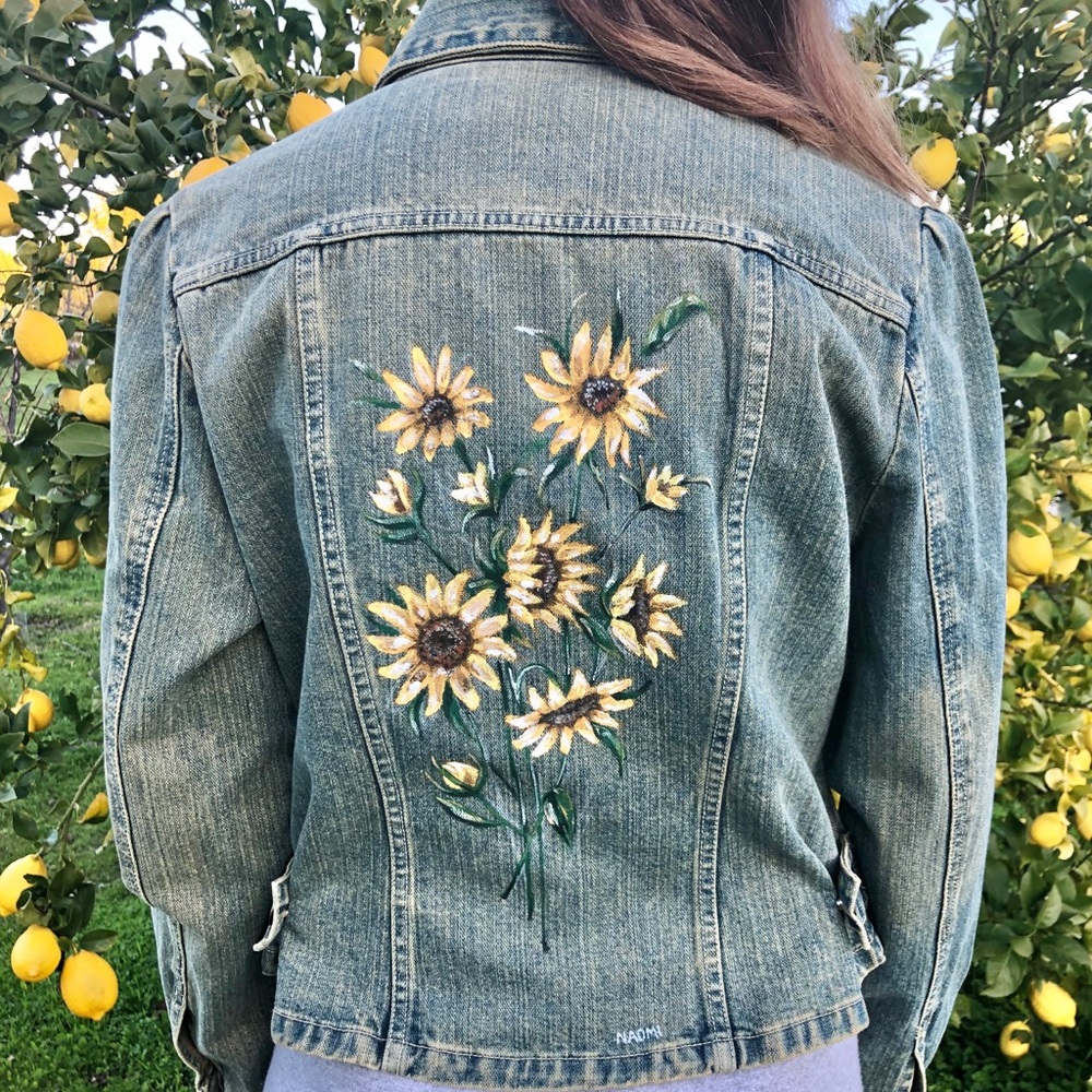 Hand painted sunflower denim jacket